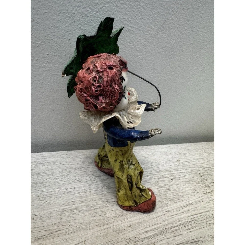 Vintage Mexican Papier Mache Clown Figurine Holding Green Umbrella Folk Art